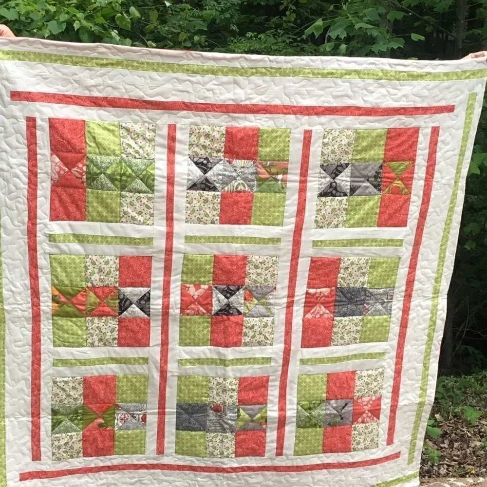 NWT. Hand Crafted Green/Orange/Cream Quilt